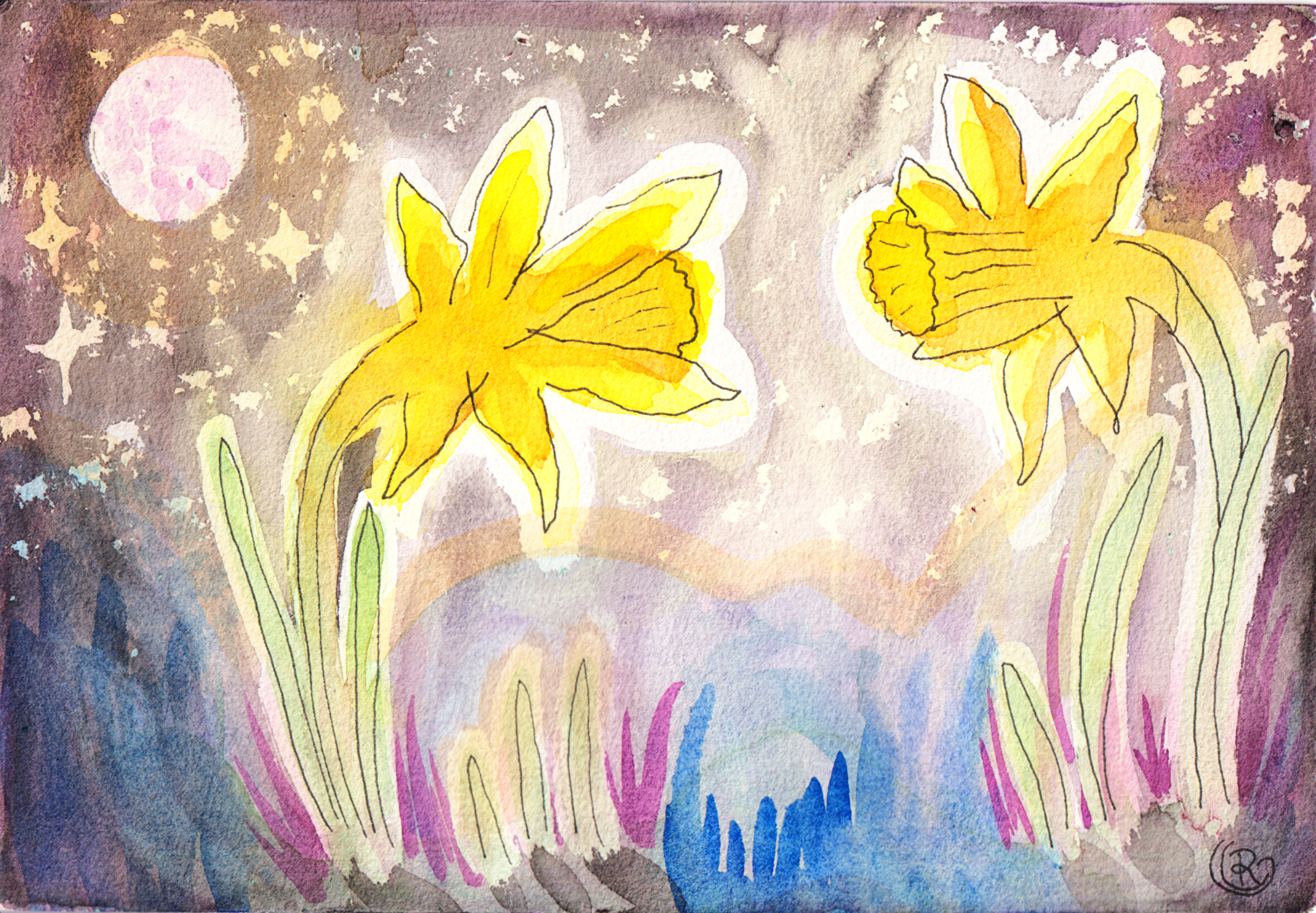Two yellow daffodils facing each other against a night sky and full moon