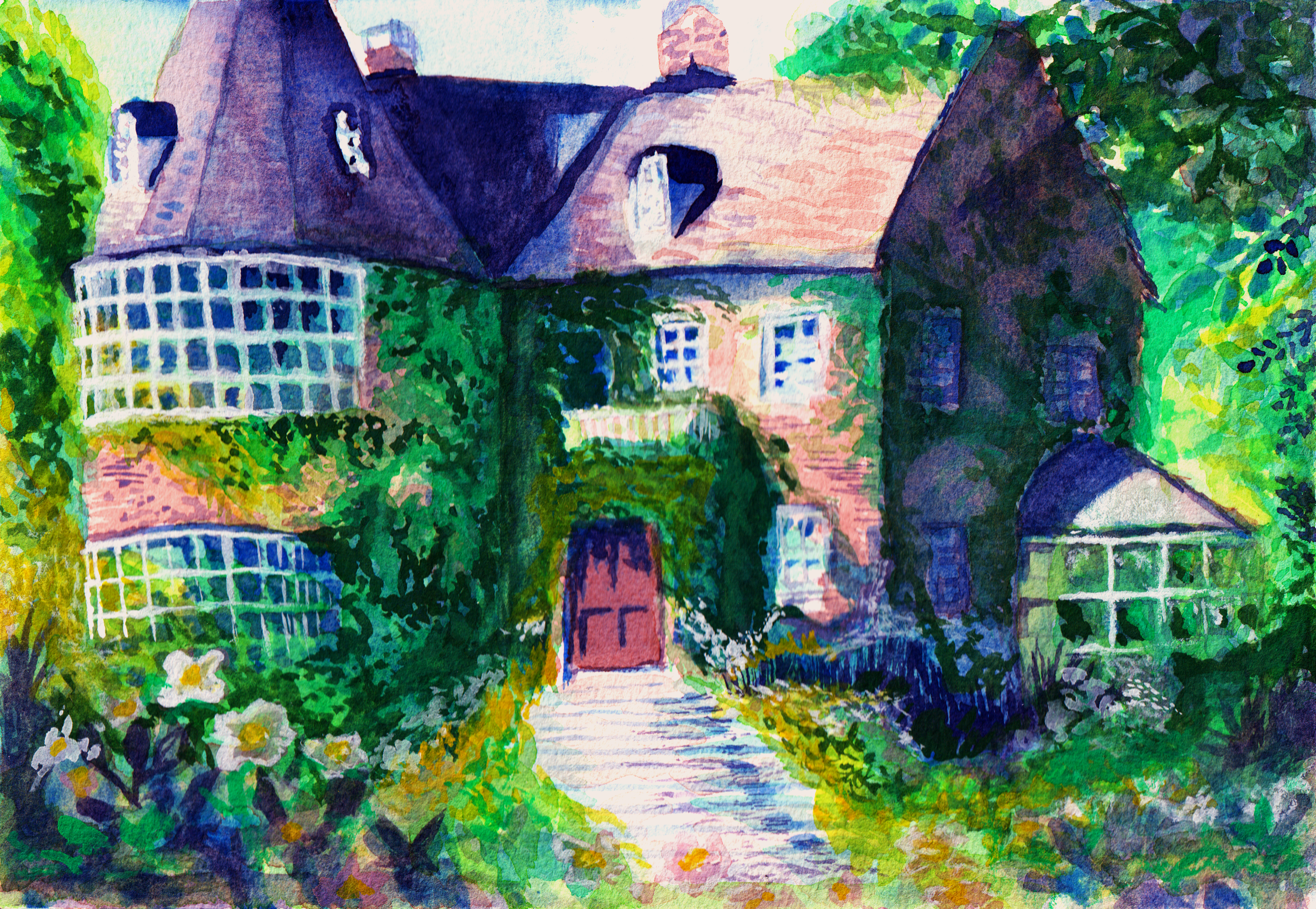 A victorian cottage tucked into a forest surrounded by flowers
