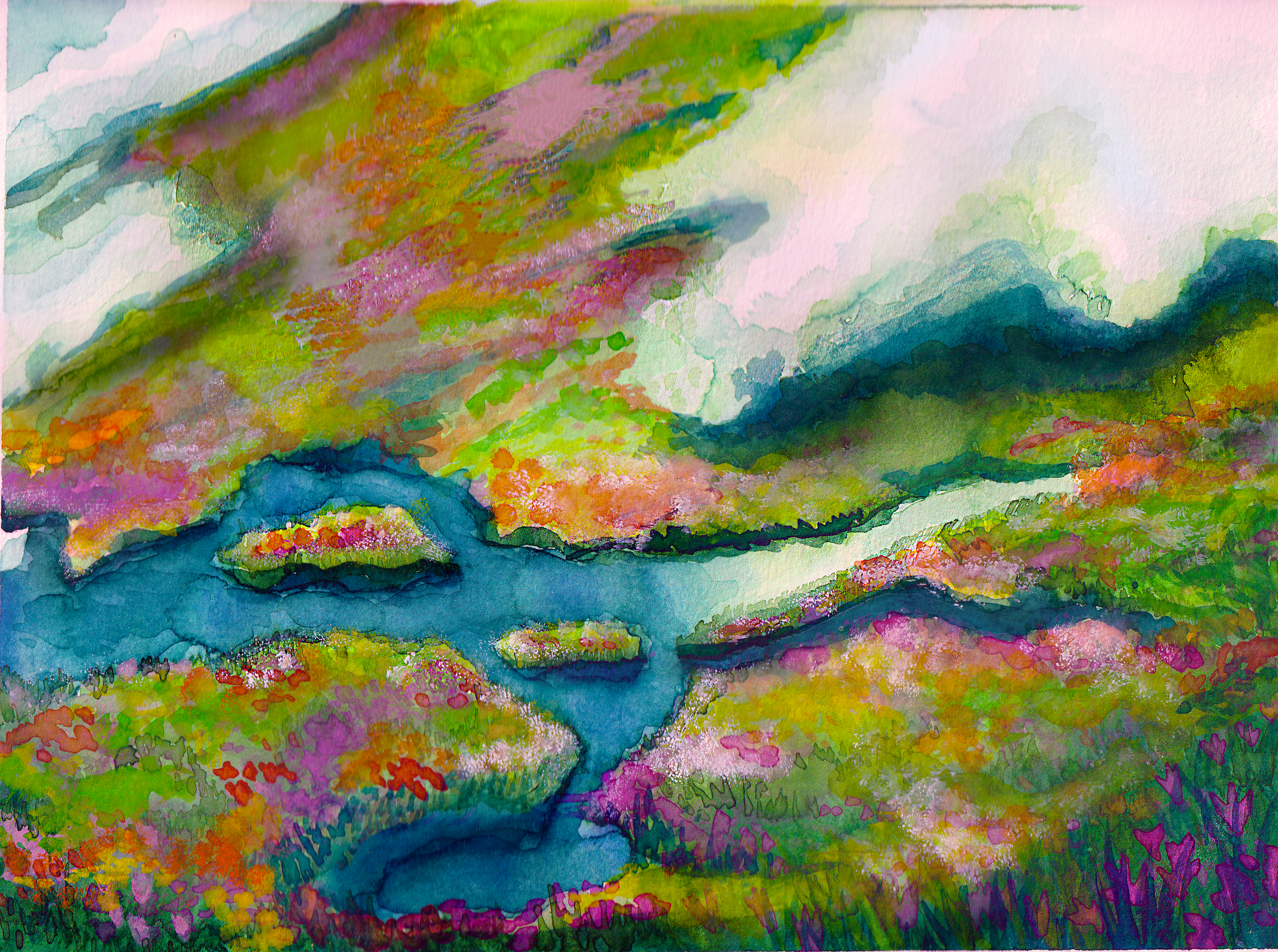 A cascading field of flowers with a blanket of clouds rolling in