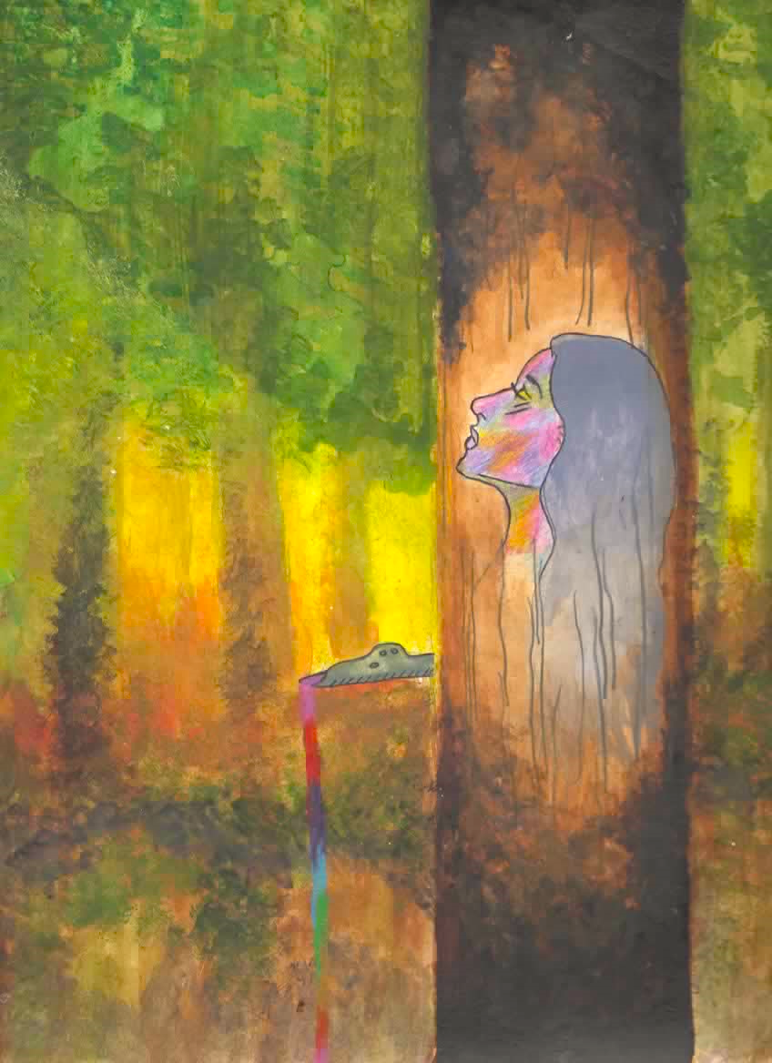 A woman's spirit inhabiting a tree is tapped through the trunk and spills rainbow sap